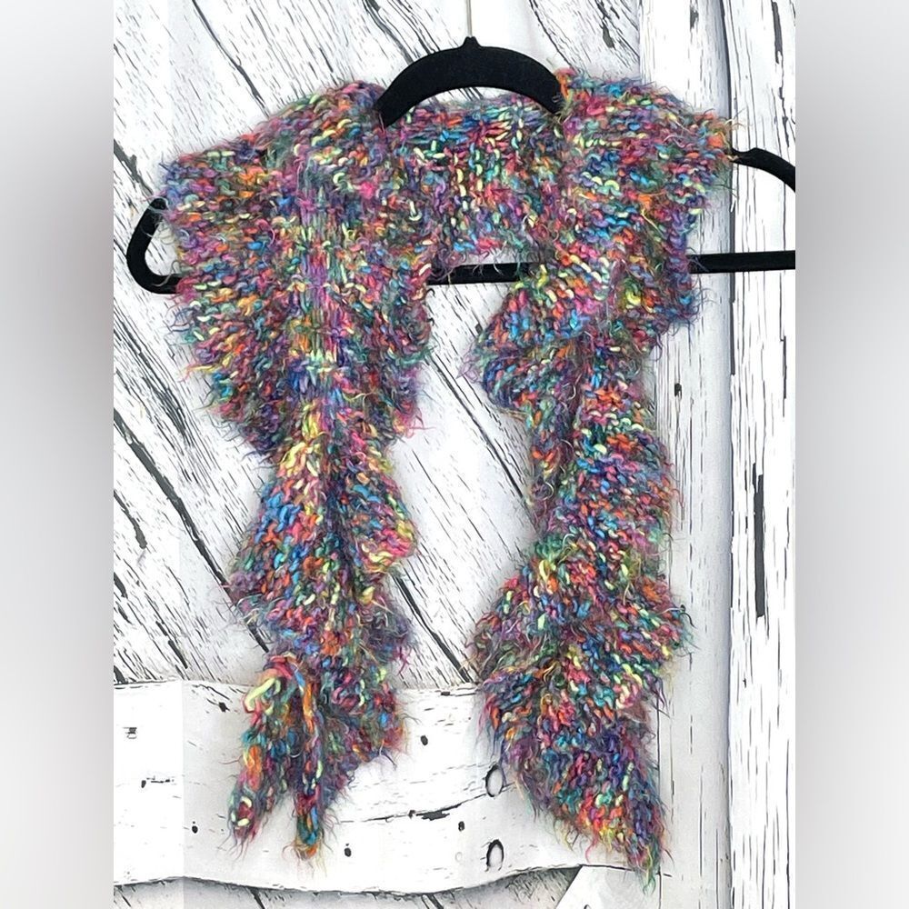 Hand knitted ruffled fabric scarf multicolored